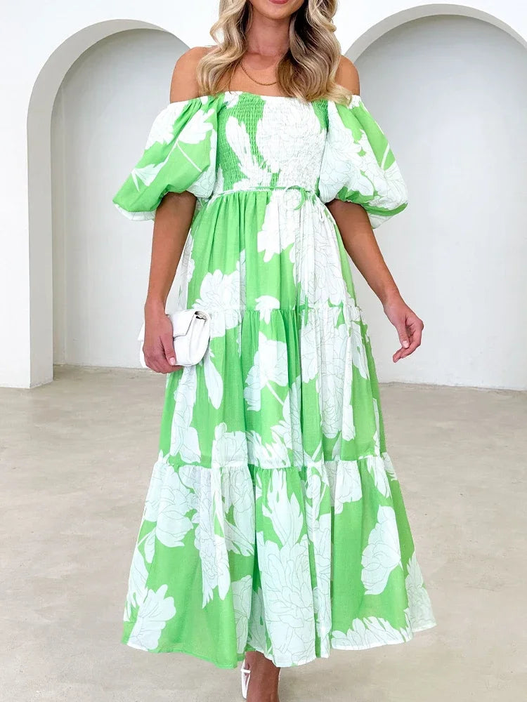 Long Dresses Women Off Shoulder Boho Puff Sleeve Dress