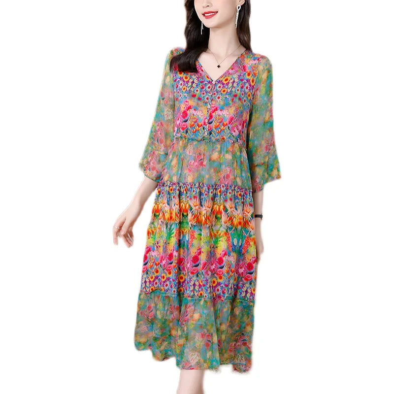 Colorful Floral Long Sun Dress With Buttons