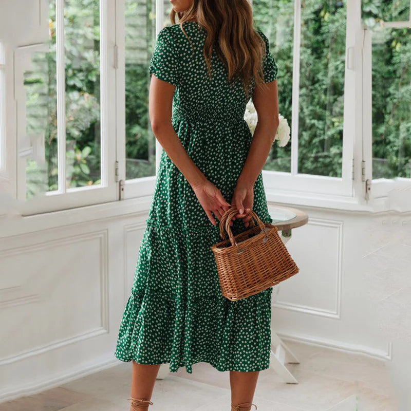 Vintage  Print Puff Sleeve  dresses