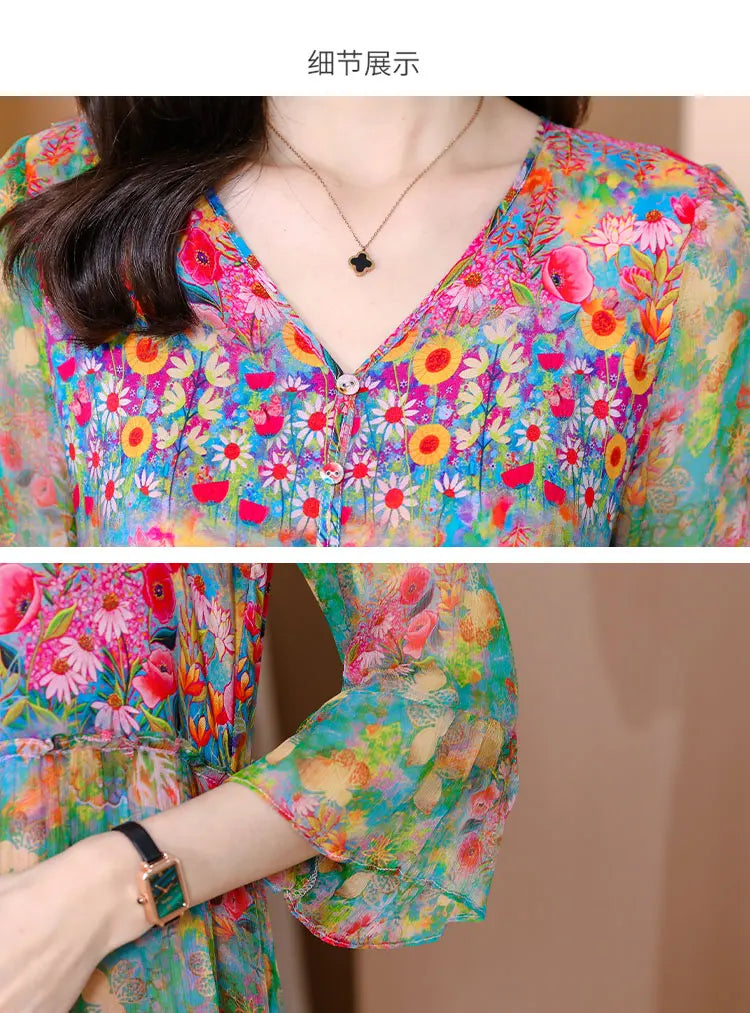 Colorful Floral Long Sun Dress With Buttons