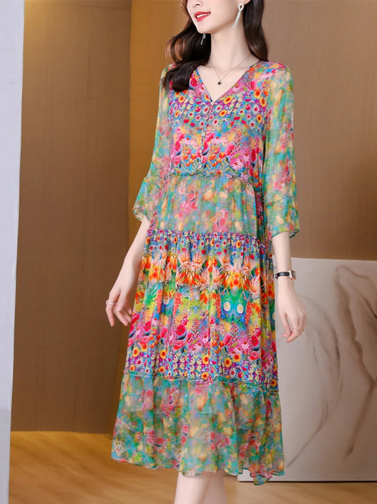 Colorful Floral Long Sun Dress With Buttons