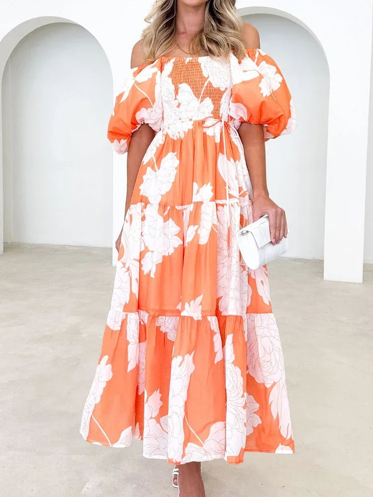Long Dresses Women Off Shoulder Boho Puff Sleeve Dress