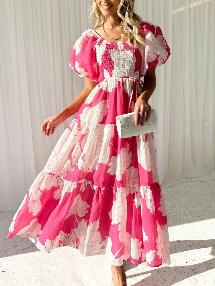 Long Dresses Women Off Shoulder Boho Puff Sleeve Dress
