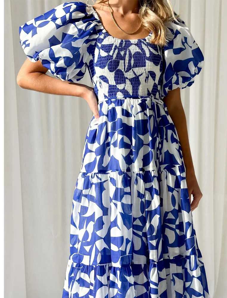 Long Dresses Women Off Shoulder Boho Puff Sleeve Dress