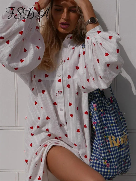 Heart Print Long Sleeve Dress Poofy Sleeves